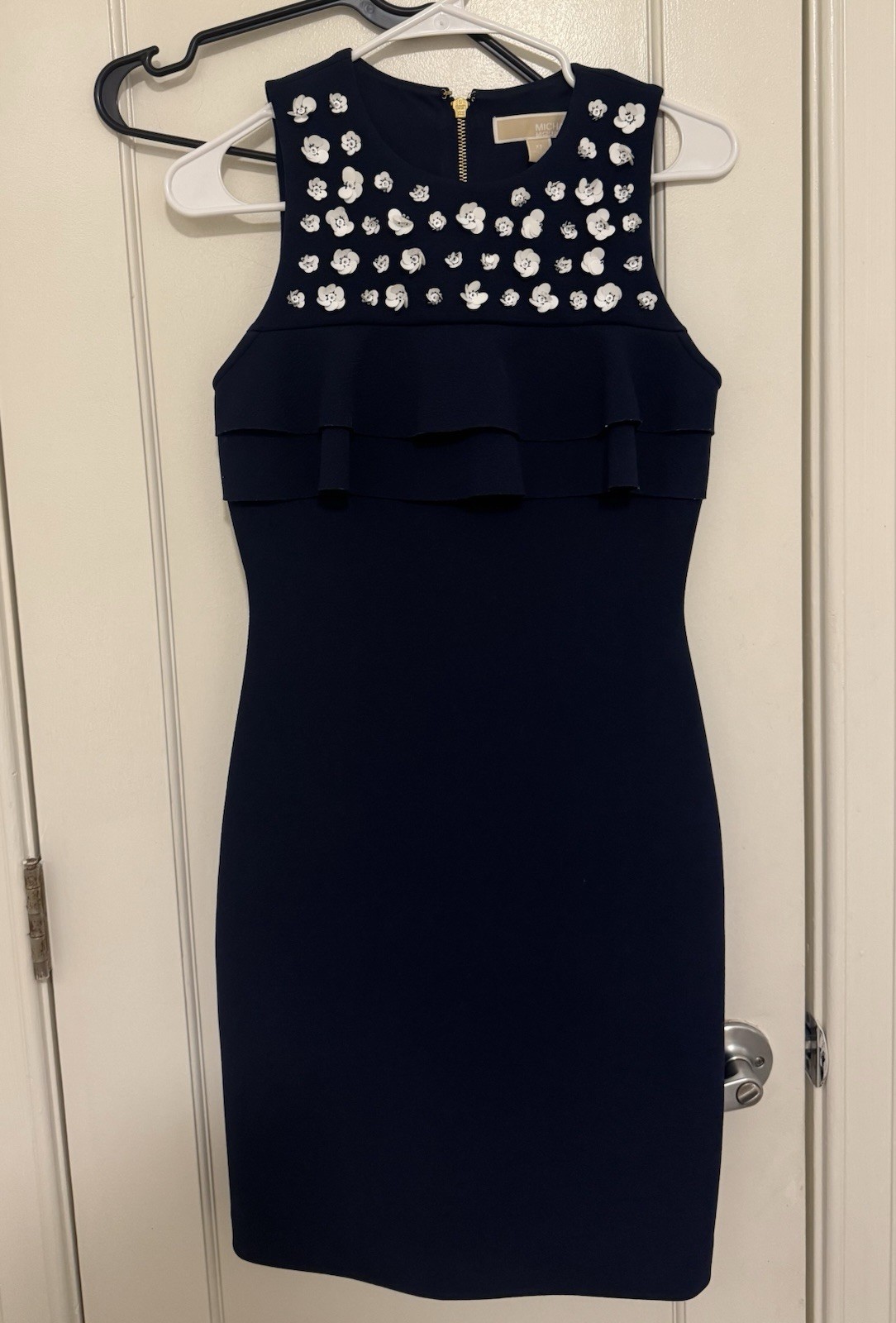 Michael Kors Navy Blue Sleeveless Dress Sequin Flower Embellishments Ruffle XS