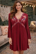 Altar'd State Umgee  Red Gauze Embroidered Flowy Dress size Medium Boho