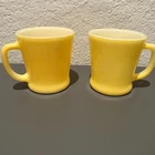 Vtg Anchor Hocking Fire King Yellow "D" Handle Milk Glass Mugs Set of 2 USA