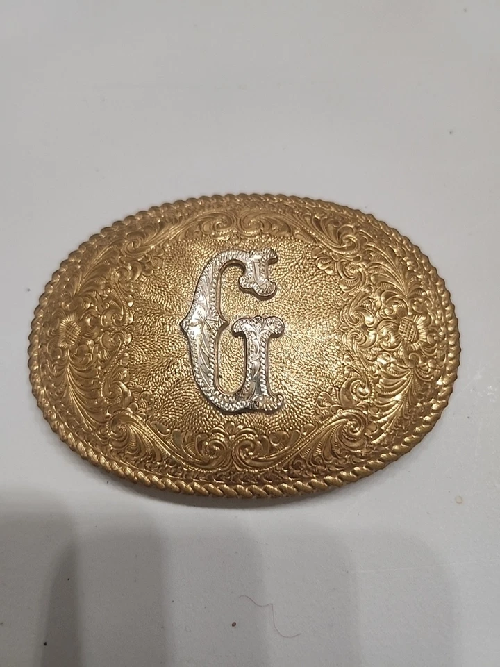 Vintage Crumrine Silver Gold Tone Brass Letter G Western Belt Buckle - Image 2 of 4