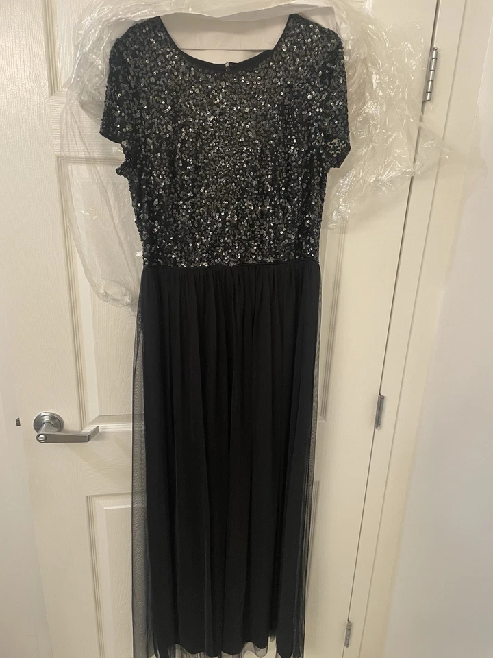Adrianna Papell Black Sequin Tulle Short Sleeve Dress, 16 - Image 3 of 4
