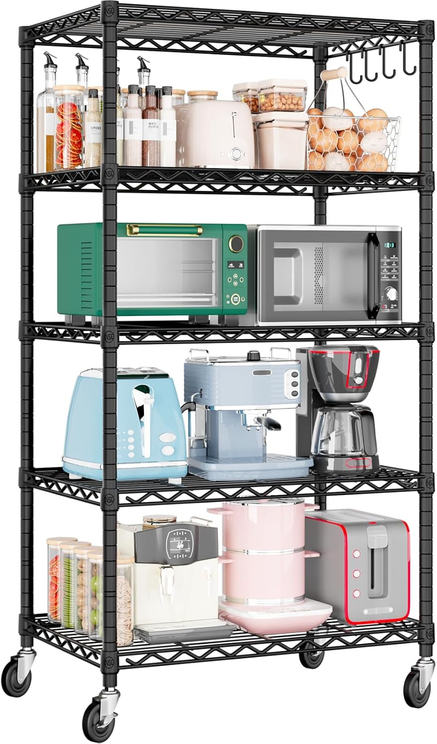Wire Shelving Unit with Wheels, 5 Tier Adjustable NSF Certified Heavy Duty Metal