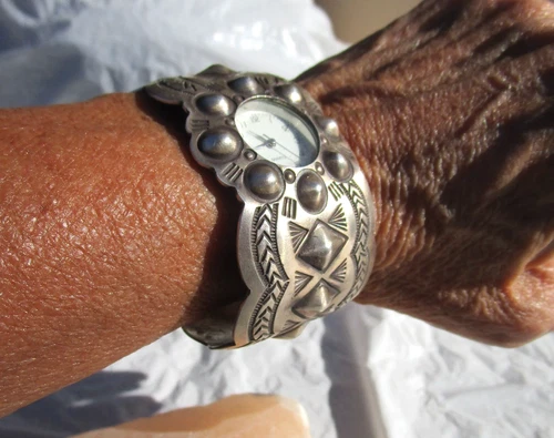 Native American Navajo cuff watch sterling silver signed Carson B needs battery