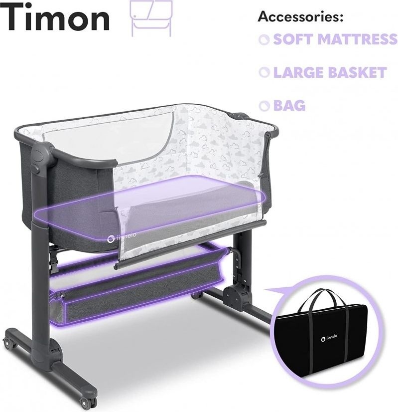 Lionelo Lettino Culla Neonato da Campeggio Co-sleeping Ruote Graphite - Timon foto 6