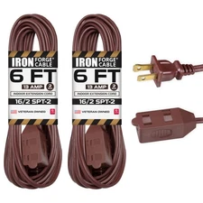 6 Ft Brown Extension Cord 2 Pack - 16/2 Durable Electrical Cable