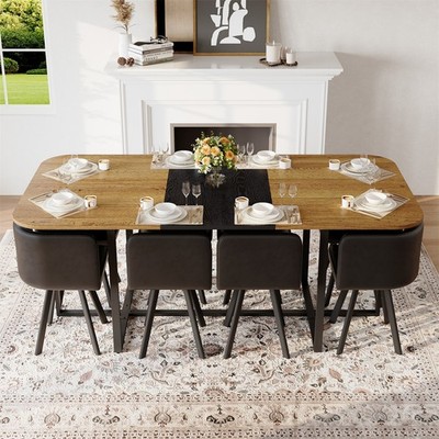 9-Piece Dining Table Set Kitchen Table with 8 PU Leather Chairs for 8 People