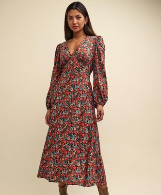 NOBODY'S CHILD Midikleid Ditsy Blumen UK 10 Party Freizeit Multi Ballonärmel