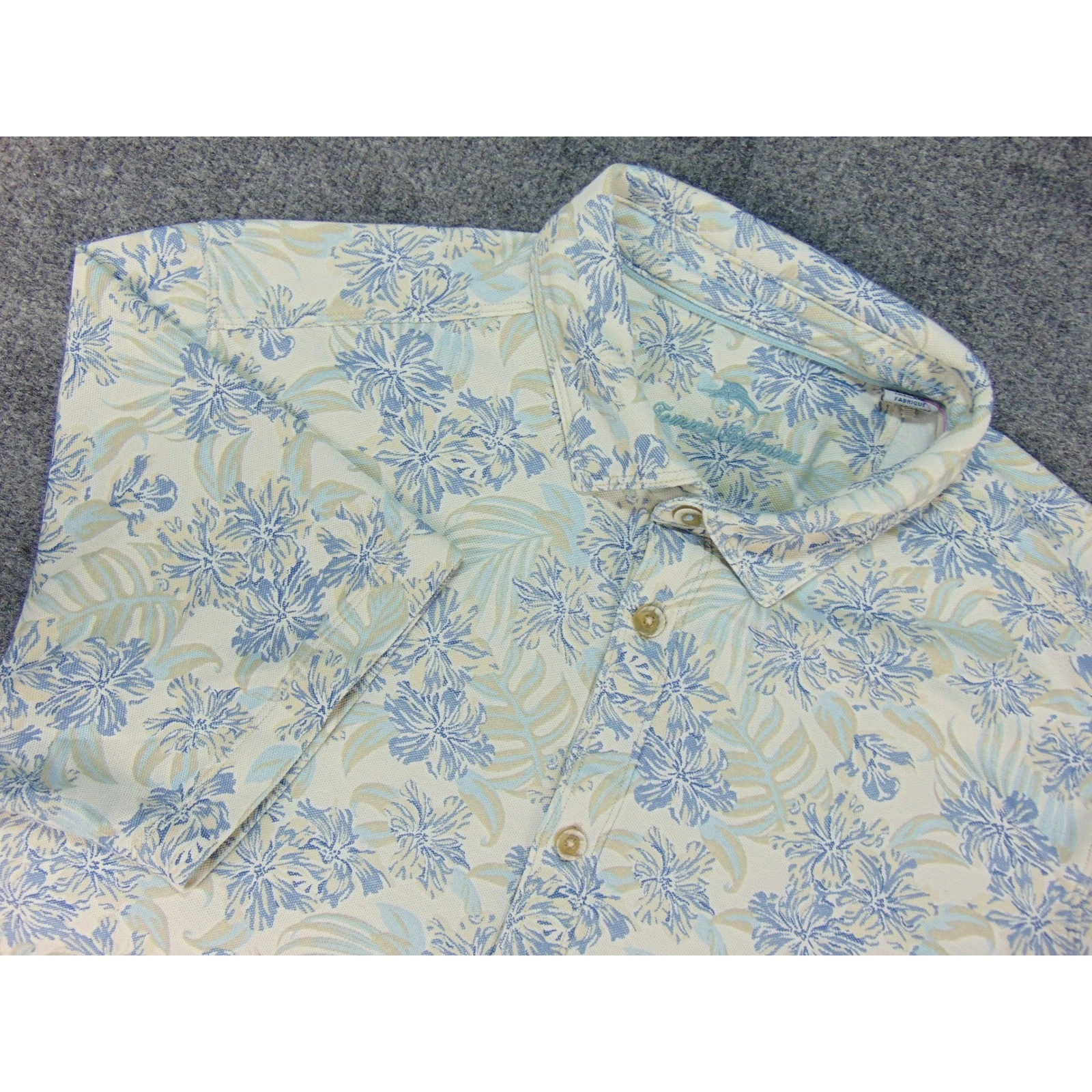 Tommy Bahama Shirt Mens Large Floral Blue Tan Short Sleeve Tropical Aloha Beach