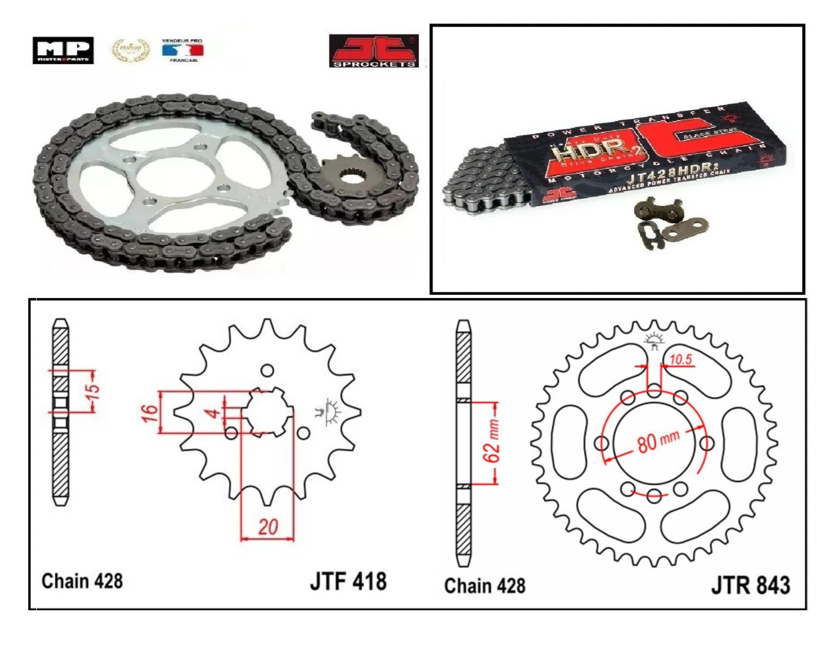 Kit chaine 428 renforcé pour moto Yamaha DT 125 MX pignon 15 et couronne 49 en acier forgé