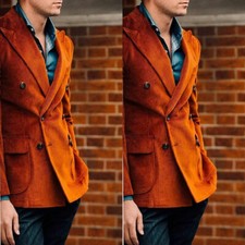 Orange Corduroy Men Suits Double Breasted Blazer Slim Fit Wedding Groom Tuxedos