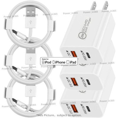 QC PD 20W Fast Charger Power Adapter Block For iPhone 14 13 12 11 XR 8 USB Cable