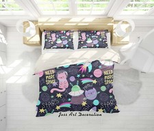 3D Astronaut Cat Stars Planets Quilt Cover Set Duvet Cover Bedding Pillowcases