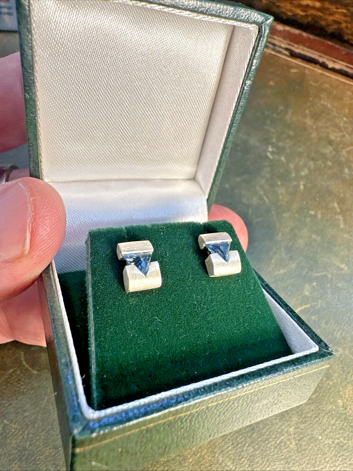 Triangular Cut Blue Tourmaline Brushed Hallmarked… - image 3