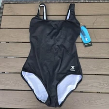 TYR Solid Black Scoop Neck Tank Control Fit One Piece Swimsuit SIZE 8 New
