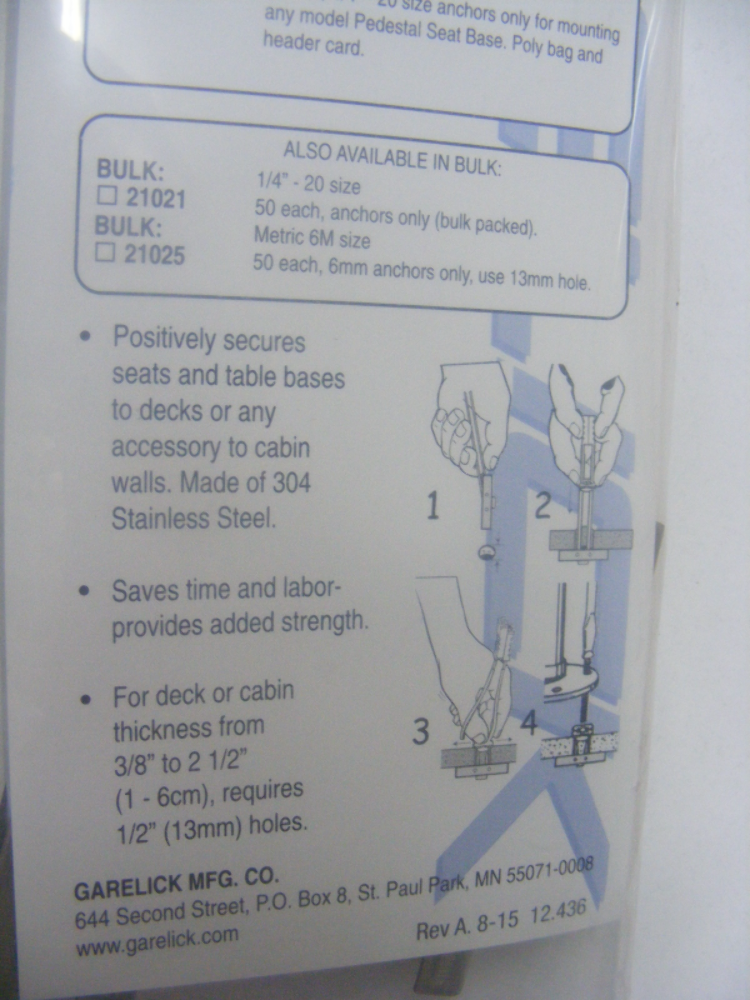 6PACK Garelick 21026 Toggle Bolt Anchor Stainless Steel Boat Cabin Base