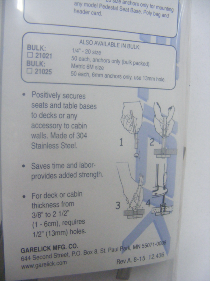 6PACK Garelick 21026 Toggle Bolt Anchor Stainless Steel Boat Cabin Base