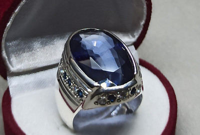 32 kt Ovalschliff großer dunkelblauer Topas Sterlingsilber 925 Handarbeit schwerer Herrenring