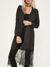 Missguided Black Satin Lace Hem Duster Coat - UK 4