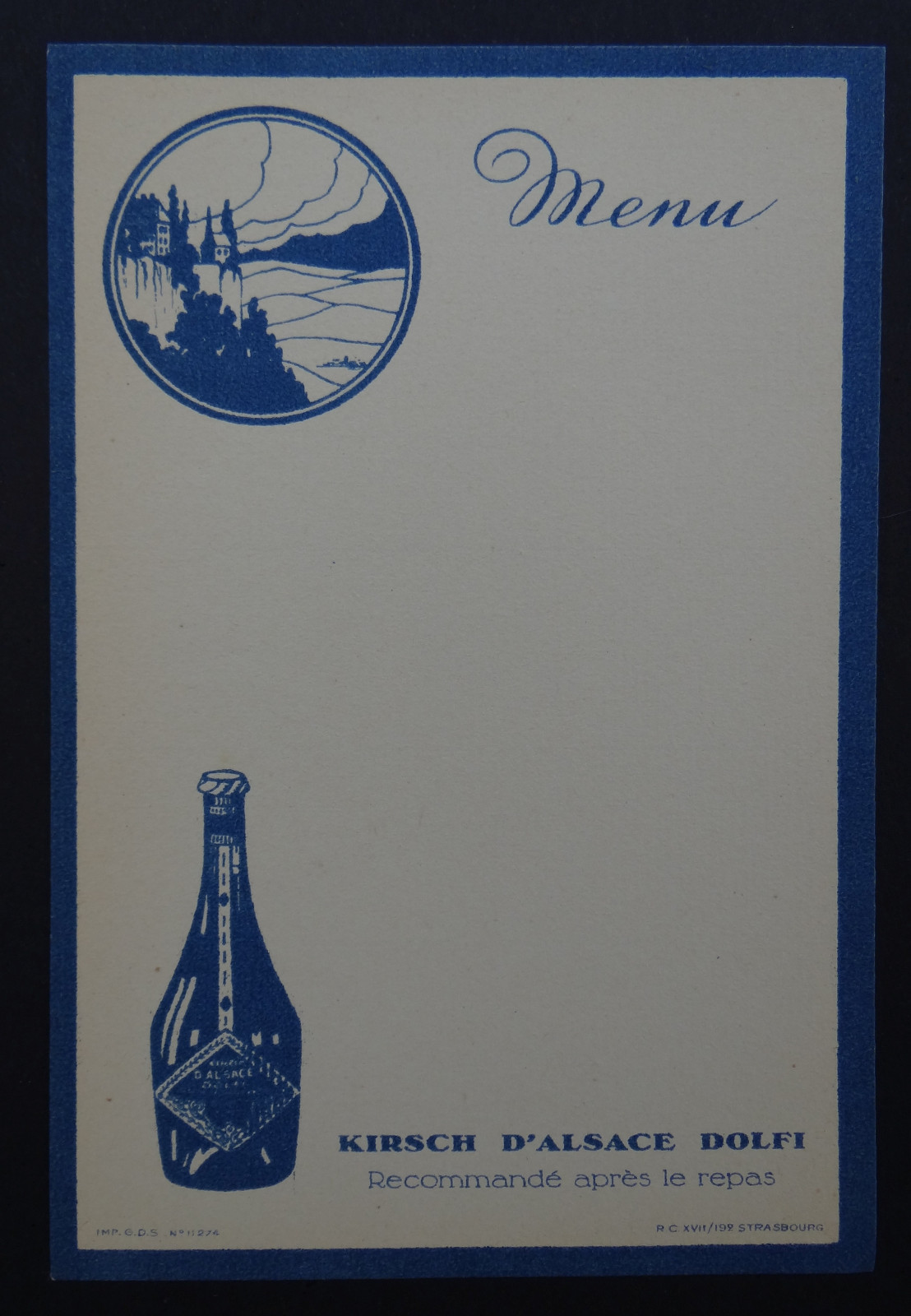MENÚ DOLFI KIRSCH licor licor ALSACIA virgen tarjeta francesa restaurante vin...