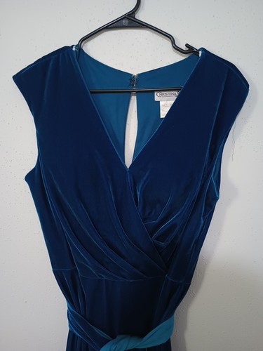 Blue Velvet Maxi Dress Size 14 Vintage With Tie Belt Formal Zipper Closer Ocean - Picture 4 of 7