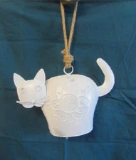 Wind and weather cat 9” long Hanging Metal WHITE BELL Rustic Cute!