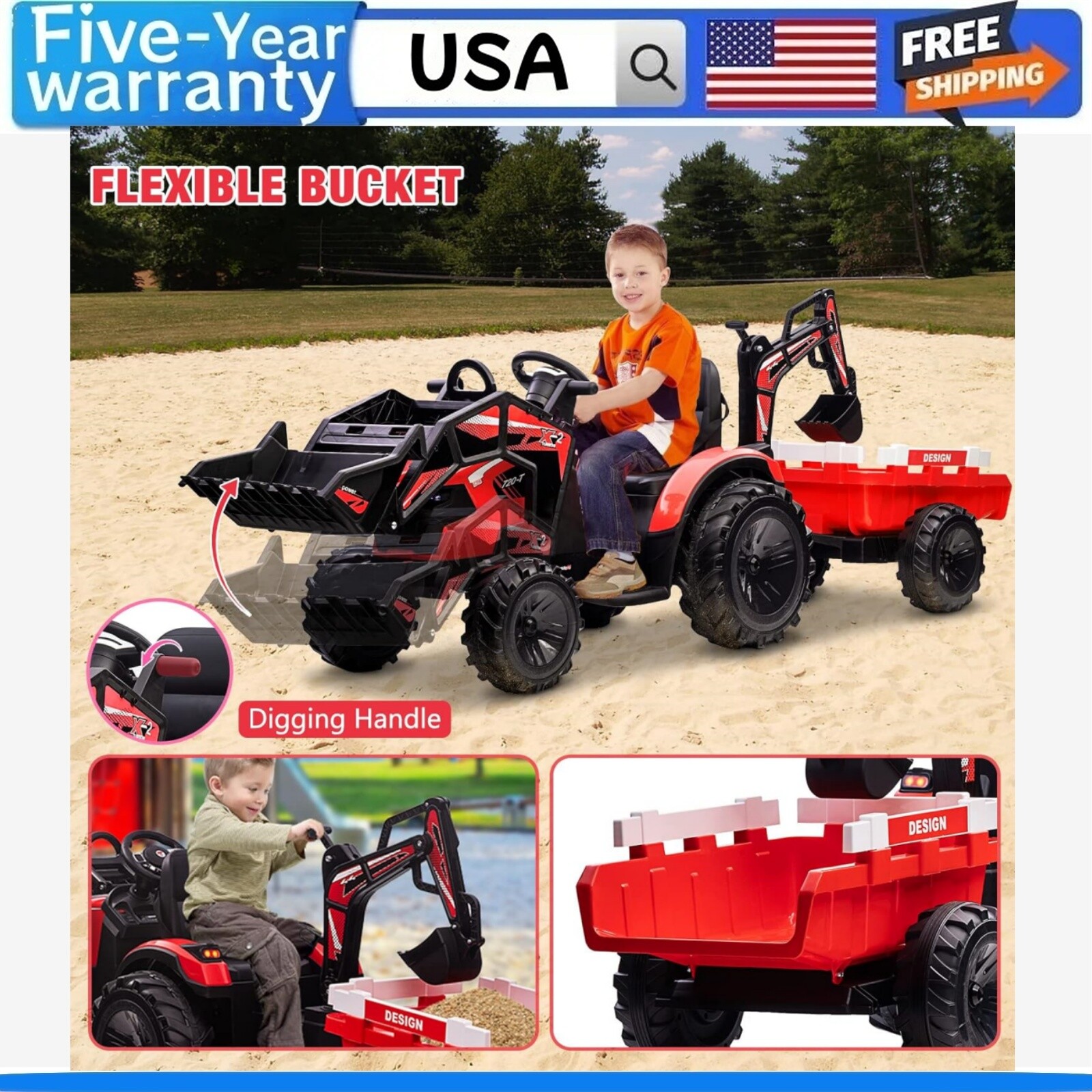 Kids Ride on Tractor Excavator & Bulldozer Electric Vehicle w/Trailer LED Lights
