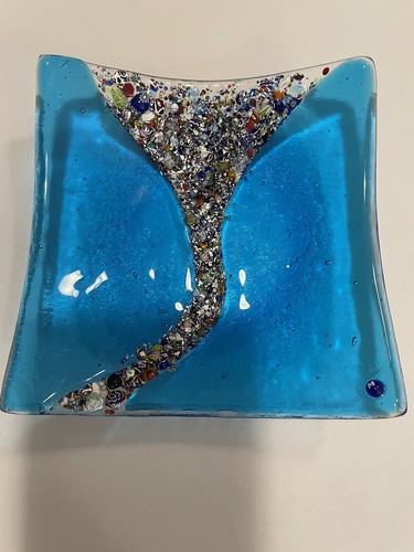 Murano Glass Klimt Square Decorative Plate - Aqua Blue Signed By Murano