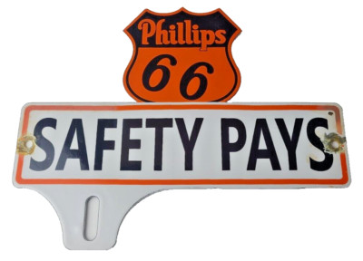 Vintage Phillips Gasoline Sign - Safety Porcelain License Plate Auto Topper