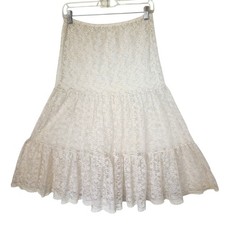 Vintage Ivory Floral Lace Tiered Midi Skirt Scalloped Hem Cream Boho S