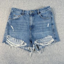Topshop Moto Mom Shorts Women's 12 Blue Distressed High Rise Jean Denim Raw Hem