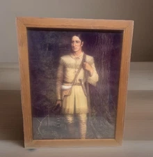 18 X 22” Print Daniel Boone In Buckskins Rifle Coon Skin Cap Framed Under Glass