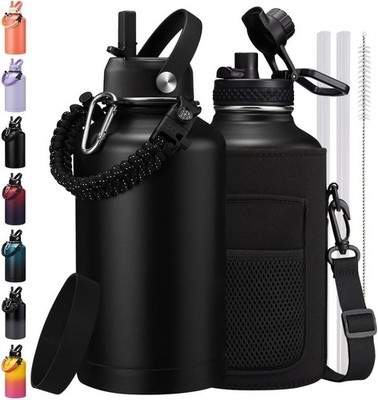 1/2 Gallon Water Bottle Insulated - Keep Cold 48H, with Carrier Pouch, Straw & A