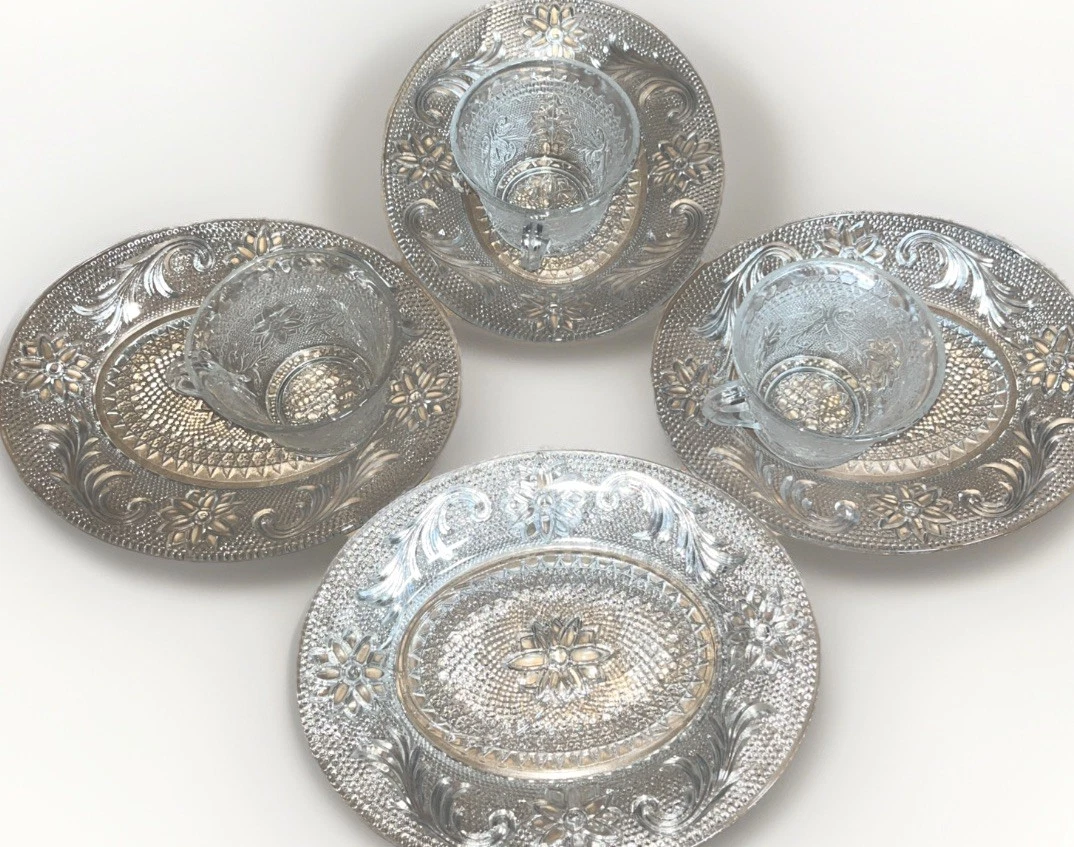 8 PC Indiana Tiara Glass Clear Sandwich Snack Luncheon Oval Plate & Tea Cup Sets