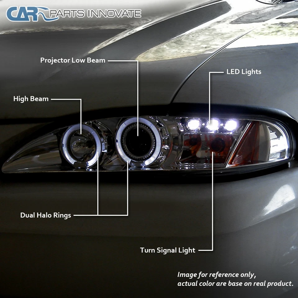 Black Fits 94-98 Ford Mustang Cobra GT LED Halo Projector Headlights Left+Right — 第 3/4 张图片