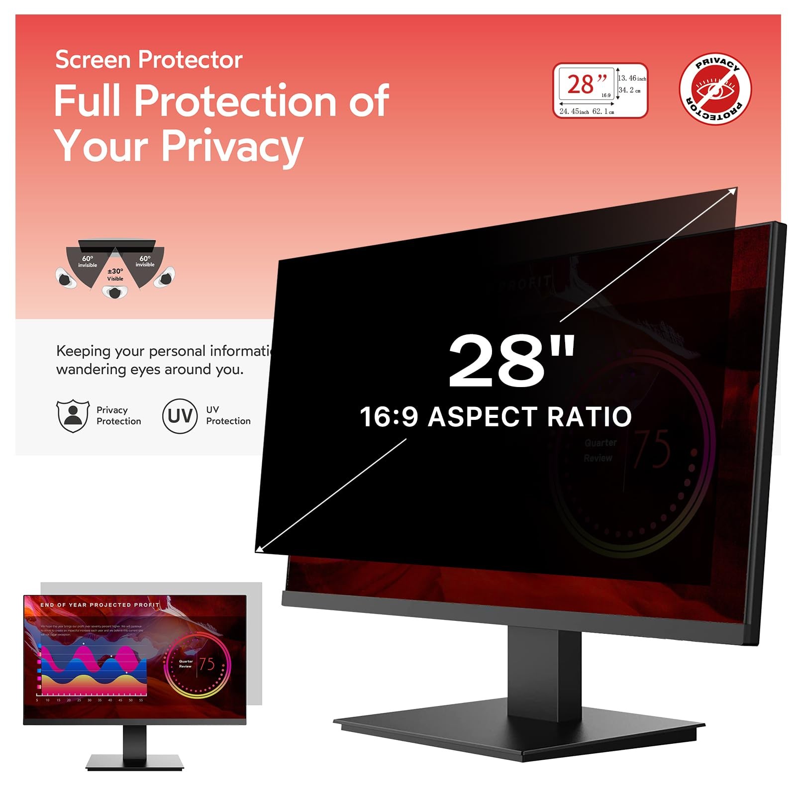 BERSEM Filtro privacy per monitor da 28 pollici per monitor 16:9 rapporto (H2V)