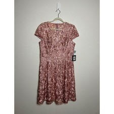 Marina Lace Fit & Flare Dress Pink Jewel Cap sleeves Zip closure Sz 12 $179 NWT
