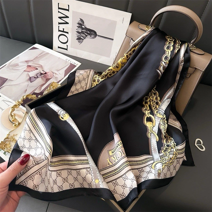 Luxury 70x70cm Silk Feel Fashion Scarf for Women Elegant Square Neck Hair Shawl - Image 2 of 4