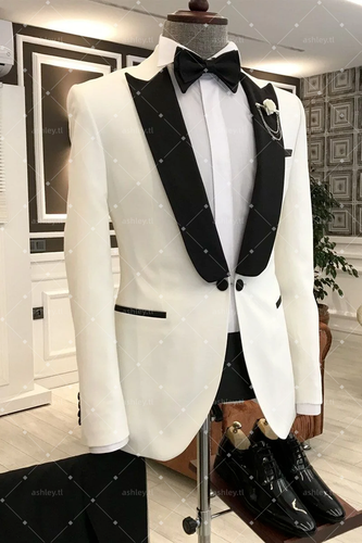 Herrenanzüge weiß schwarz Revers Hochzeit Bräutigam Smoking formell Party Abschlussball Passform 2 Stück - Bild 2 von 17