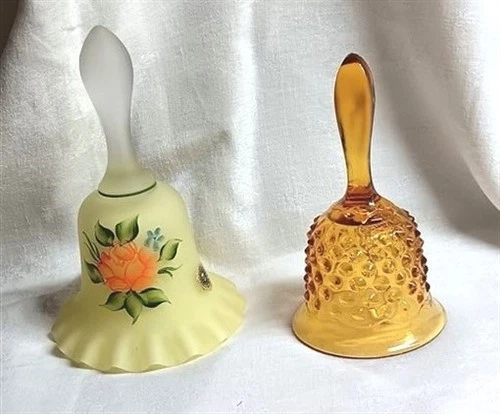 2 Vtg Glass Bells Westmoreland Satin Yellow Mist Signed Fenton Amber Hobnail