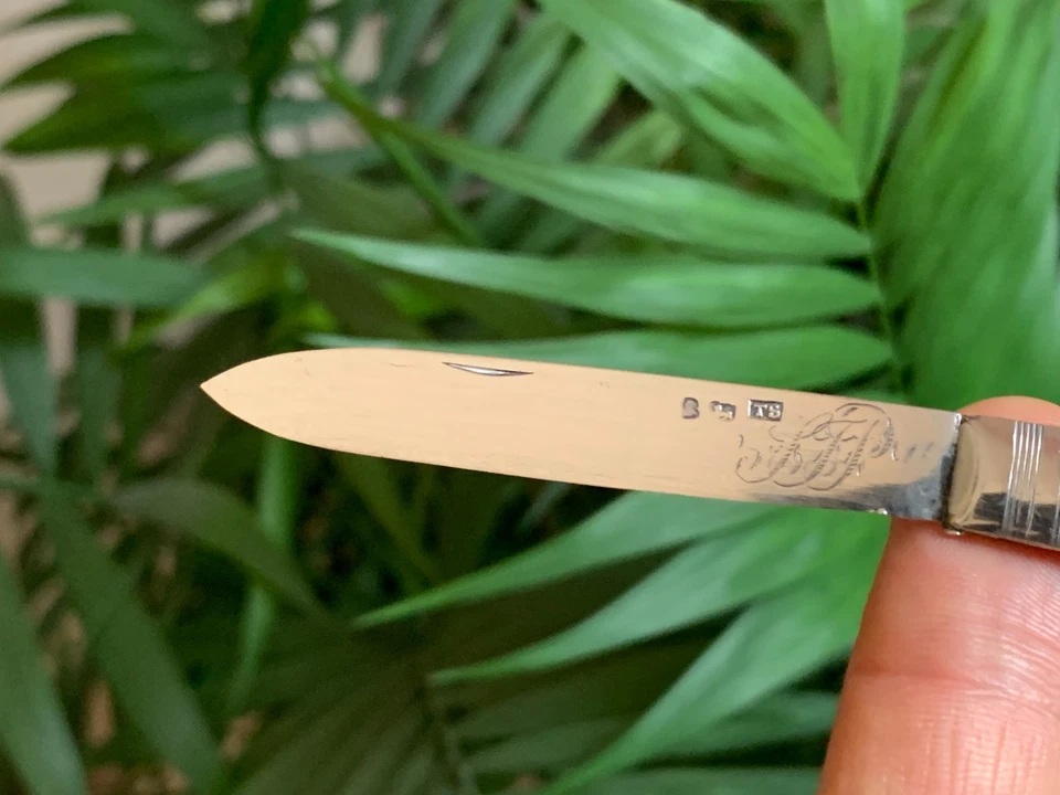 19C. Cuchillo plegable de bolsillo Royal English de plata esterlina y madreperla para frutas Foto 4 de 4