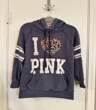 Victoria s Secret PINK Hoodie Blue Embroidered I LOVE PINK Floral Heart Y2K Sz M