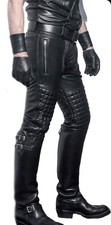 Men's Real Leather Bikers Pants Quilted Panels Front Back Bikers / BLUF Pants