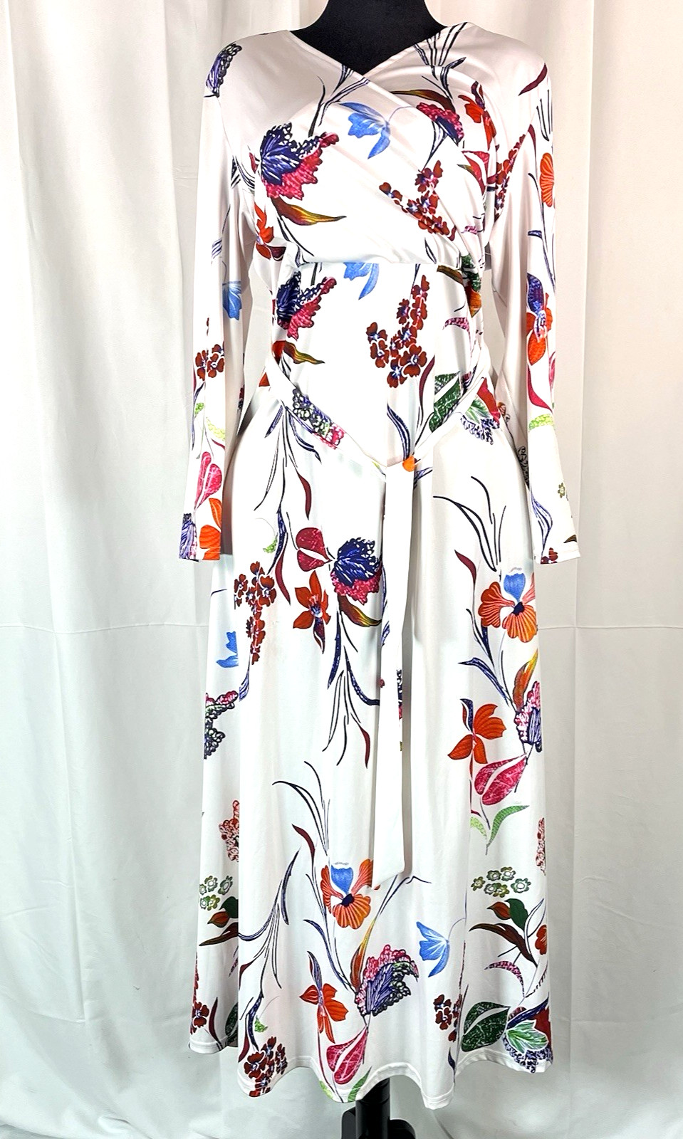 Women’s XXXL Floral Maxi Dress White Long Sleeve Faux Wrap Stretch Plus Size