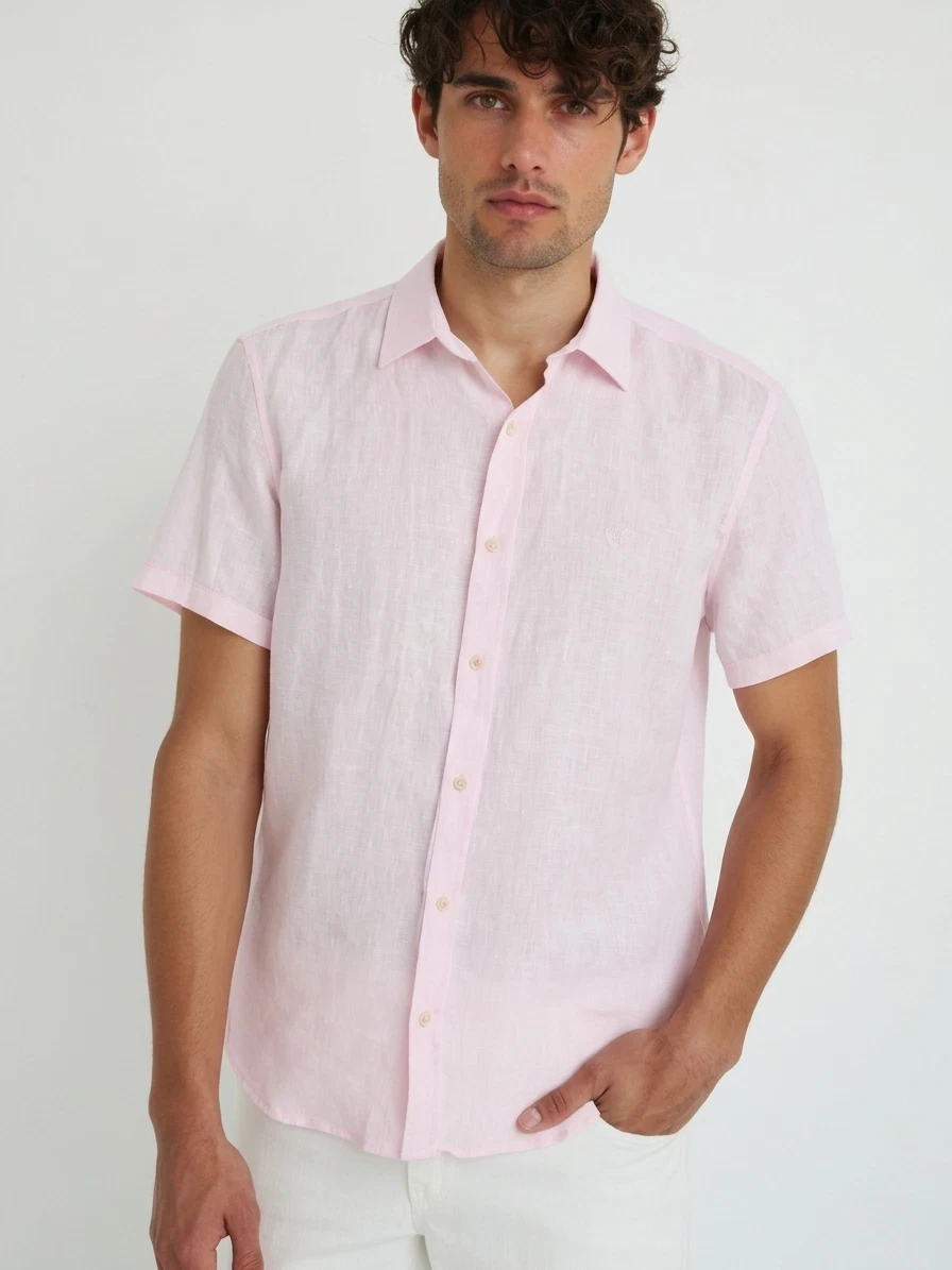 BLOOMINGDALES Shirt Mens XL Light Pink Button Up Short Sleeve 100% Linen