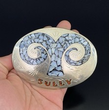 Southwestern VTG Crushed Shell MOP Mother of Pearl Inlay Oval Belt Buckle Signed