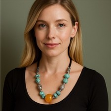 Boho Statement Necklace Turquoise Style Nugget Beads Orange Pendant