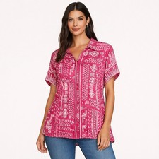 Johnny Was Pink White Geometric Tribal Print 100 Silk Button Down Blouse Large