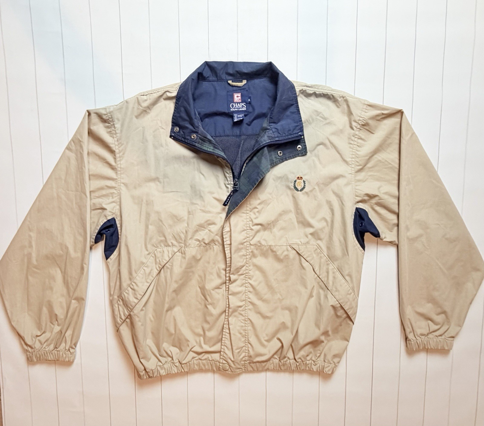 Vintage Chaps Ralph Lauren Windbreaker Men XL Beige Full Zip Jacket Crest Y2K