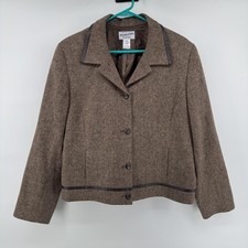 Pendleton Blazer Womens 18 Brown Wool Tweed Leather Trim Button Front Lined