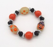 6" Glow In The Dark Halloween Bead Stretch Bracelet Lamp Work Ceramic Obsidian